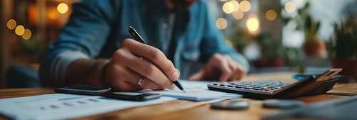 Person writing on paper with a pen at a desk, with a calculator and smartphone nearby.